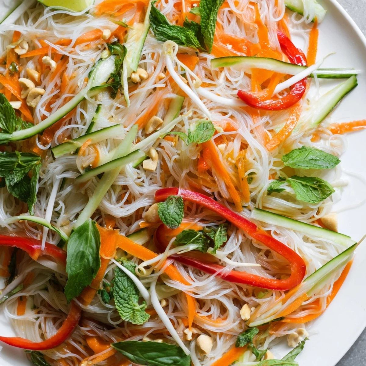 Light Vietnamese noodle salad featuring julienned carrots, cucumber, and roasted peanuts topped with a vibrant tangy dressing