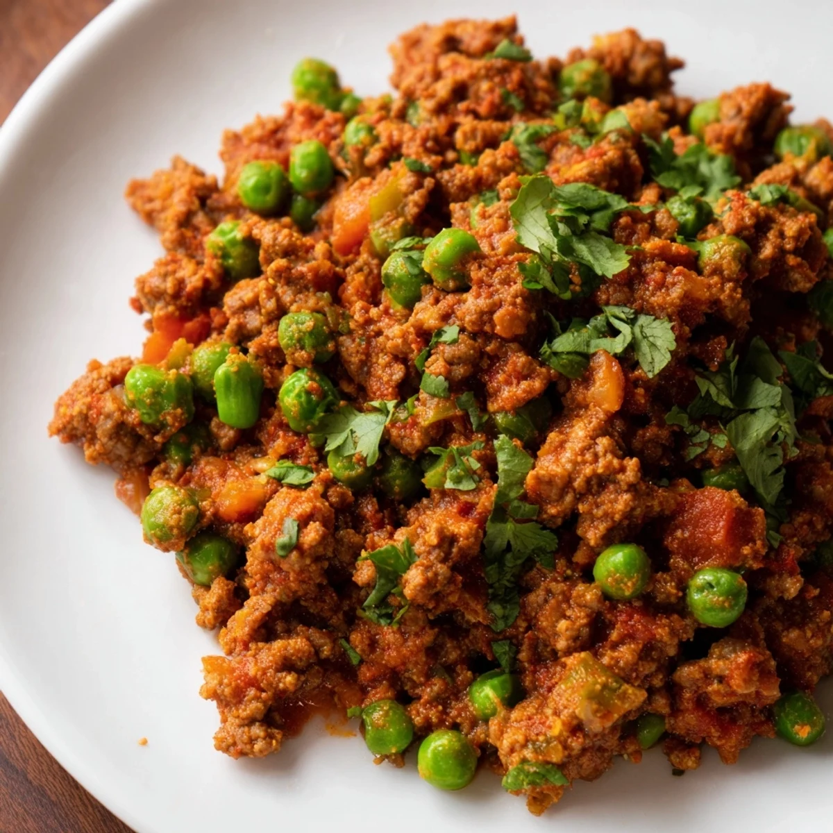 Steamy bowl of savory keema curry topped with fresh cilantro and tender green peas