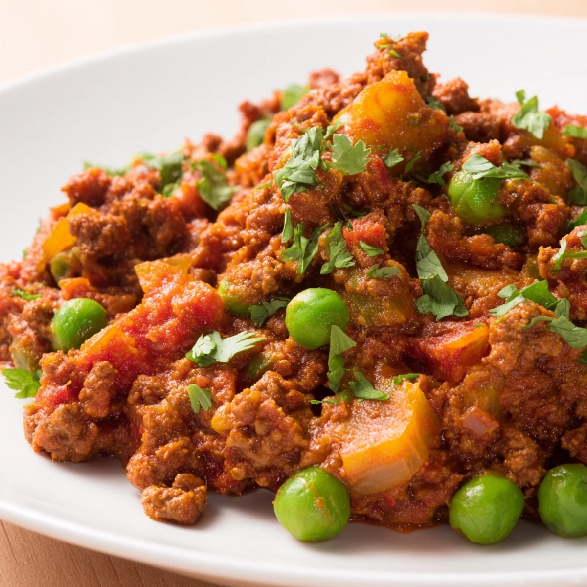 Rich aromatic keema curry garnished with lemon wedges and chopped fresh herbs
