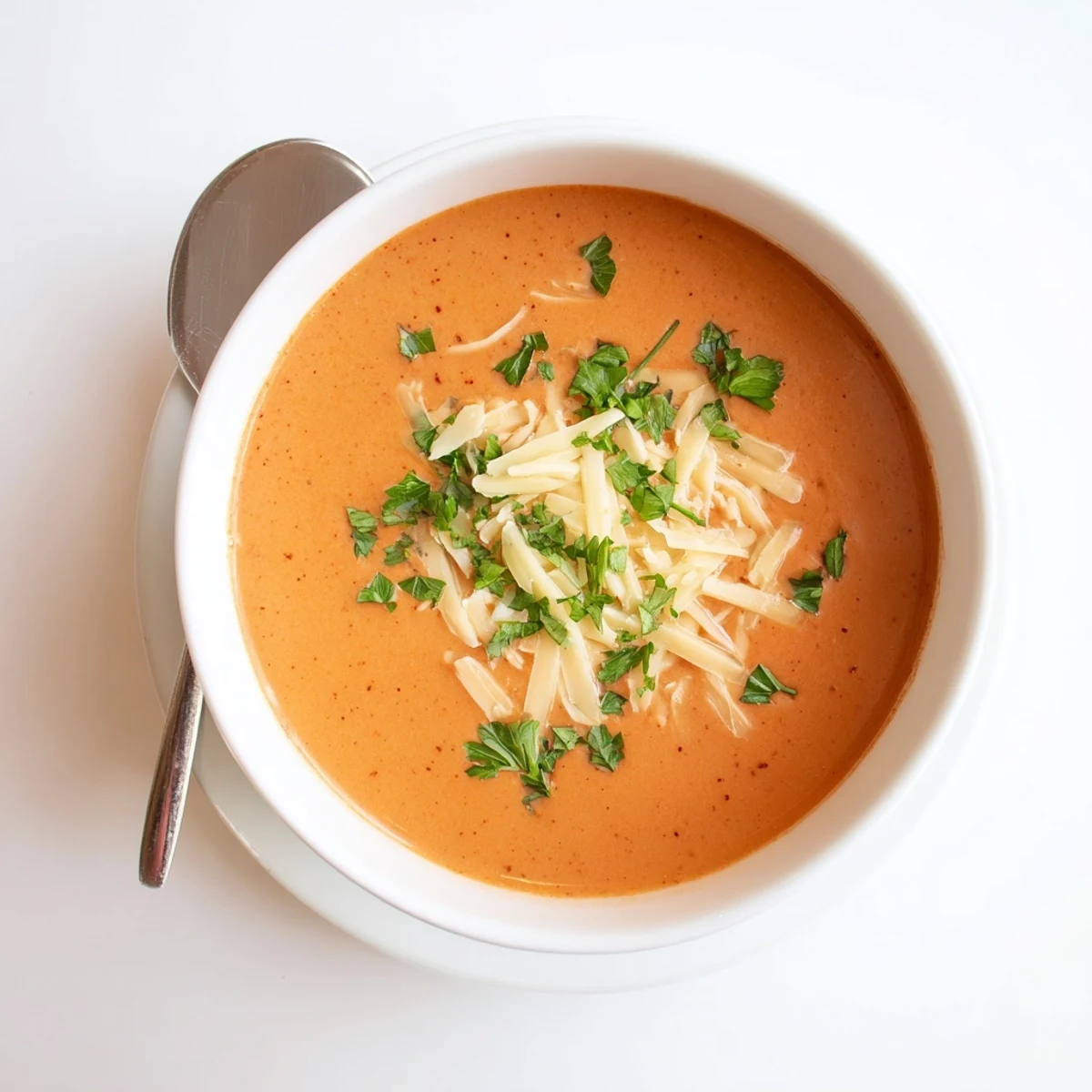 Creamy roasted red pepper Gouda soup garnished with fresh parsley and extra shredded cheese