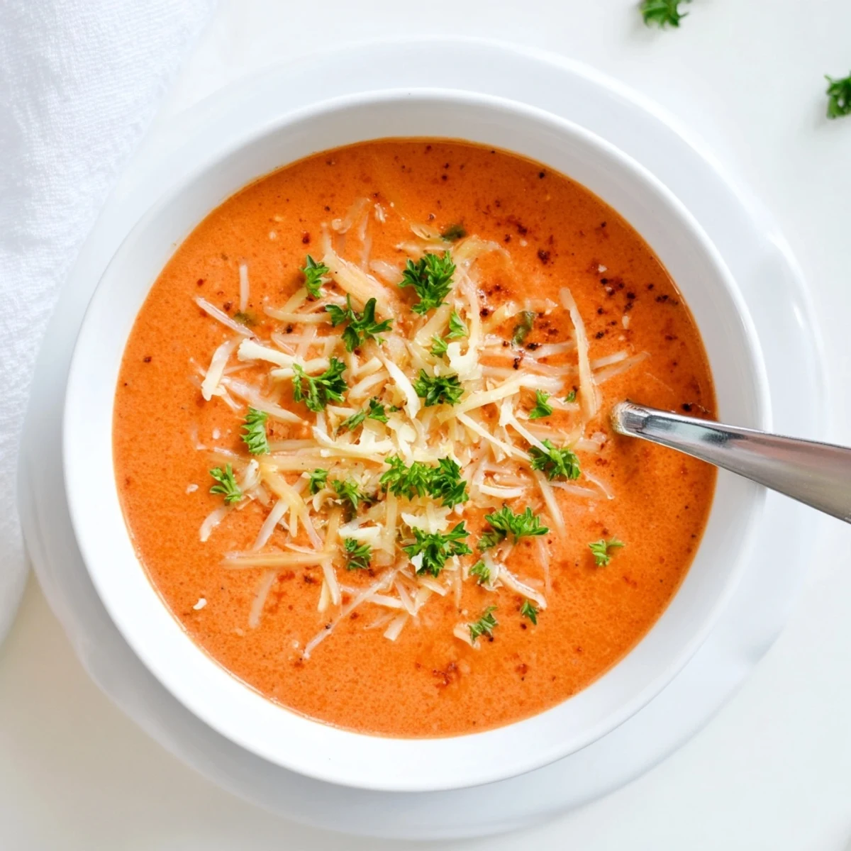 Velvety orange roasted red pepper and smoked Gouda soup served in white bowl