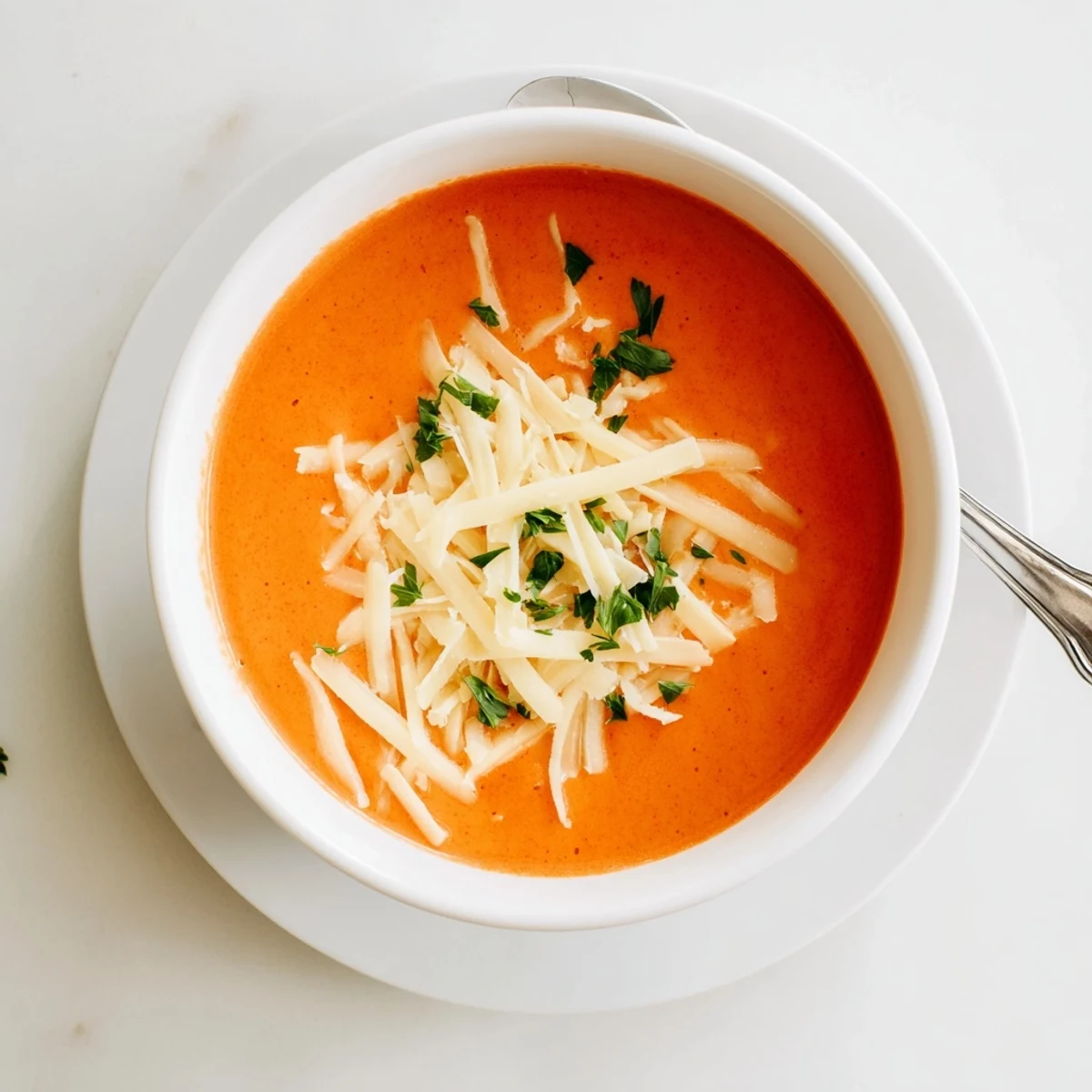 Smooth roasted red pepper soup topped with melted Gouda and green parsley sprinkles