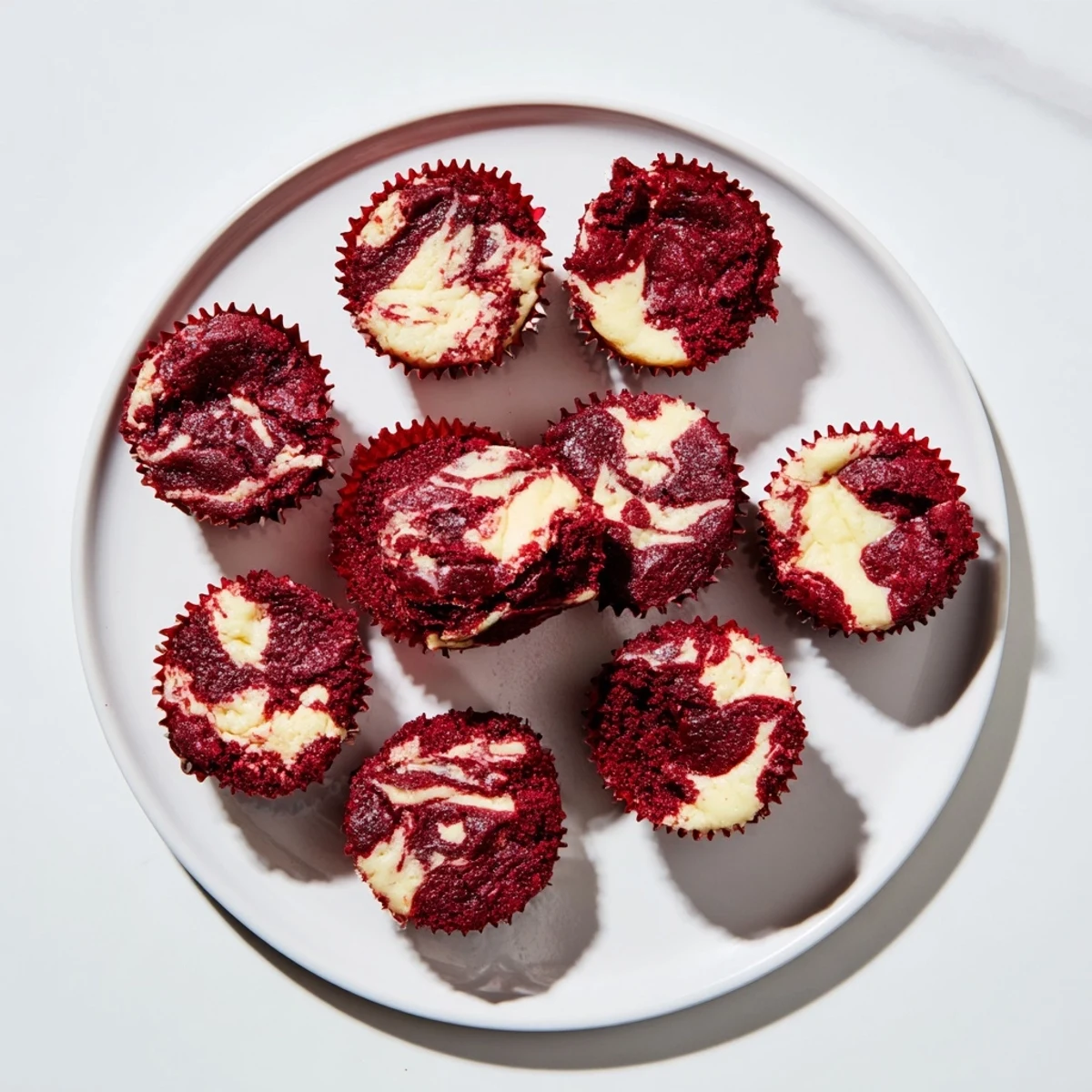 Decadent red velvet brownie bites featuring swirls of creamy white cheese topping on miniature fudgy chocolate treats