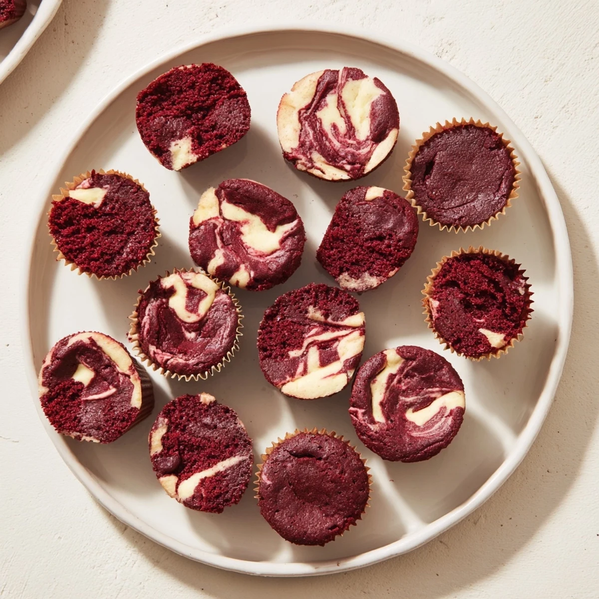 Fudgy red velvet brownie bites marbled with tangy cream cheese swirl, freshly baked on a white serving plate