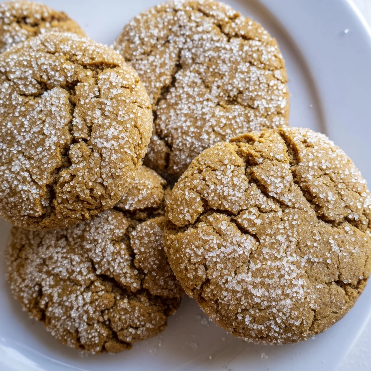 Golden brown gingersnap cookies with crackled tops coated in sparkling sugar on a white plate