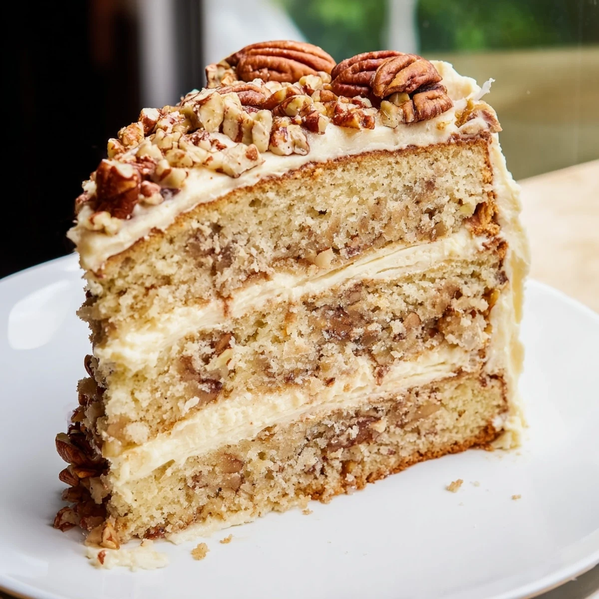 Moist butter pecan cake layered with velvety buttercream and chopped pecans on serving stand