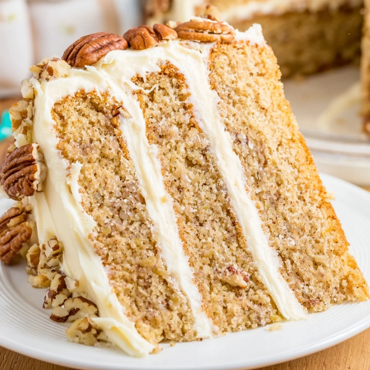 Golden butter pecan cake slice with creamy frosting and toasted nut garnish on white plate