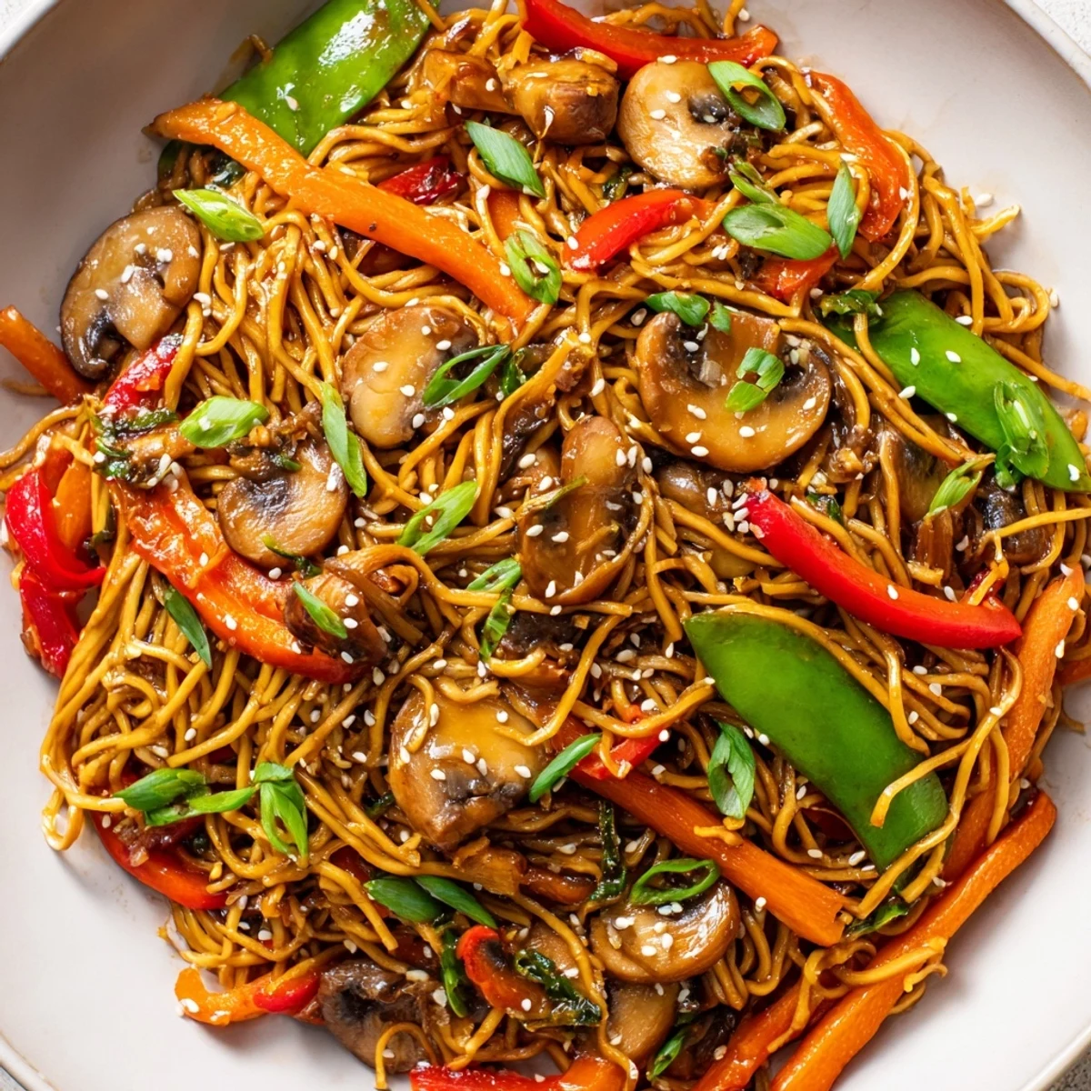 Plated garlic mushroom chow mein featuring tender noodles, sliced mushrooms, and colorful crisp vegetables