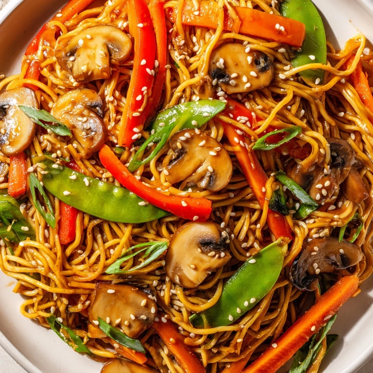 Steaming bowl of vegetarian garlic mushroom chow mein tossed with carrots, bell peppers, and snap peas