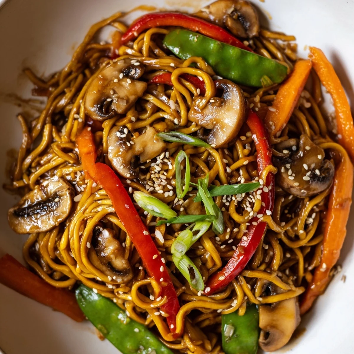 Close-up of garlic mushroom chow mein stir-fry garnished with sesame seeds and fresh spring onions