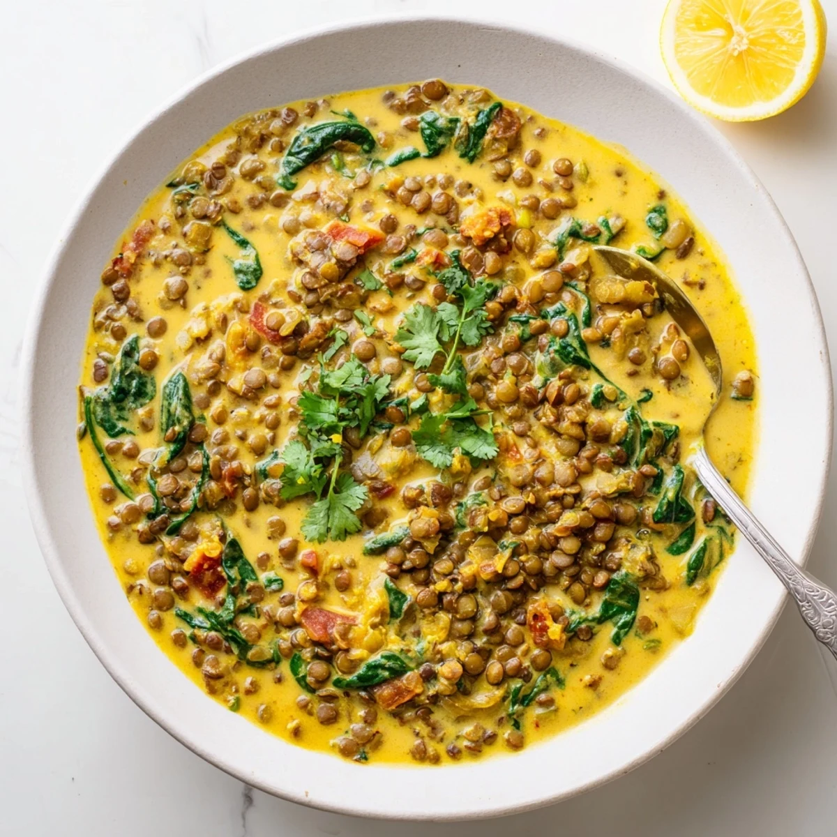 Golden bowl of Greek yogurt lentil curry featuring tender lentils in aromatic spiced sauce