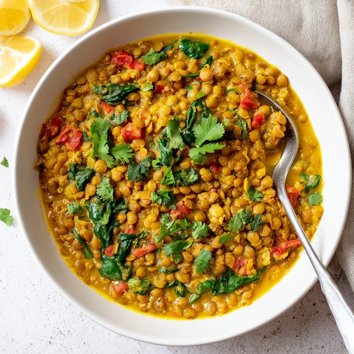 Creamy Greek yogurt lentil curry topped with fresh cilantro and served with warm naan