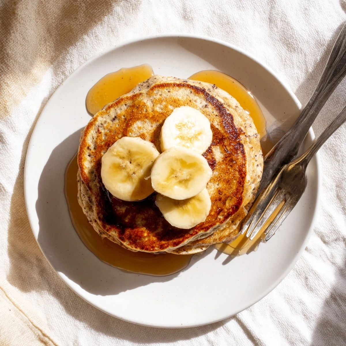 Fluffy protein-packed Greek yogurt banana pancakes served with sliced bananas and honey for a wholesome breakfast