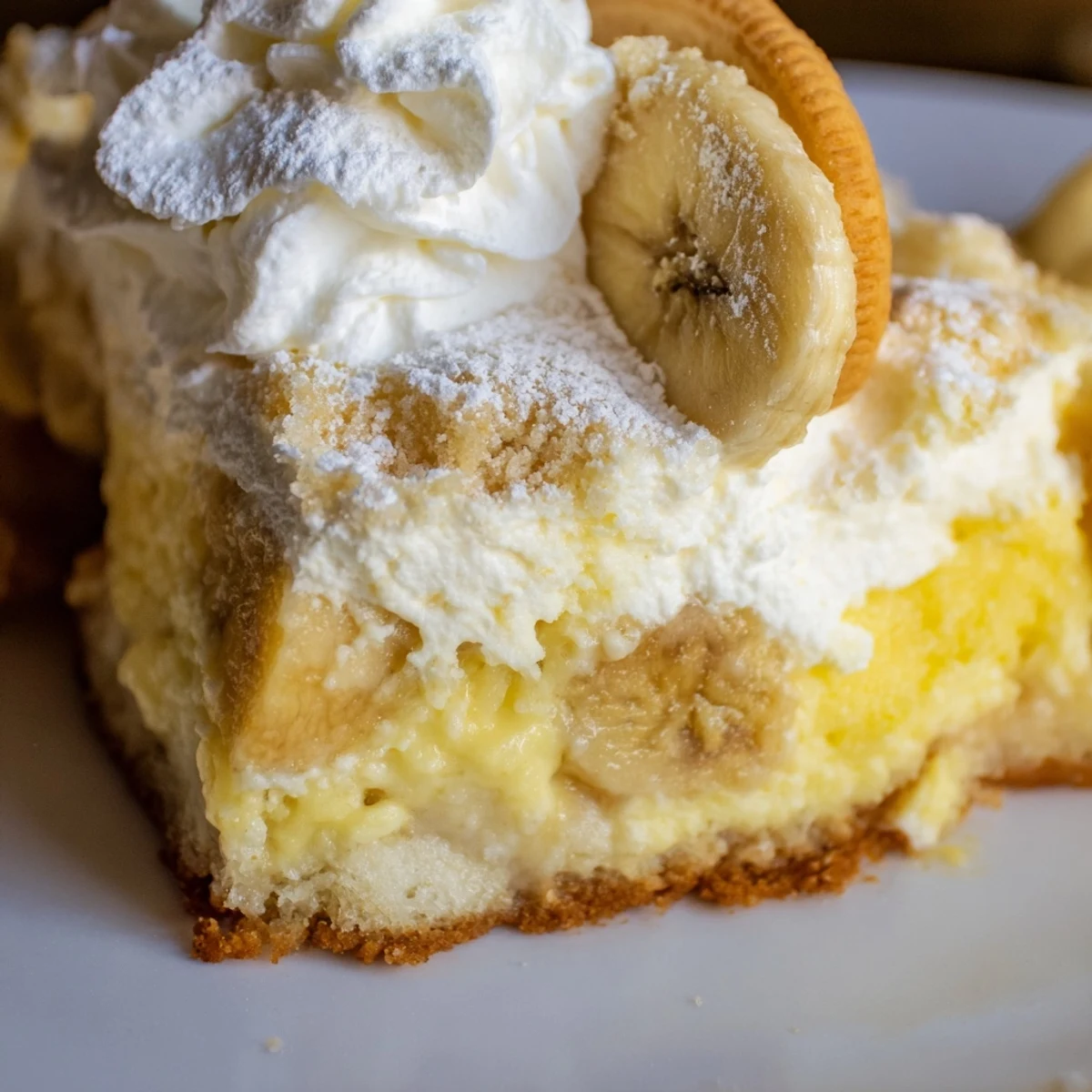 Golden Southern banana pudding cheesecake dump cake topped with fluffy whipped cream and fresh banana slices