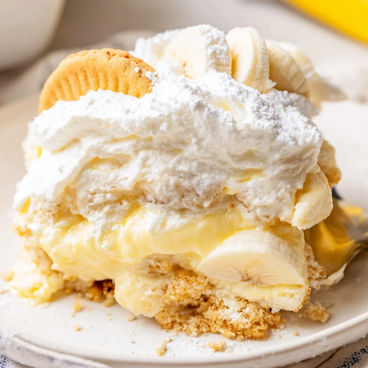 Creamy banana pudding cheesecake dump cake with buttery yellow cake topping and vanilla wafer crunch