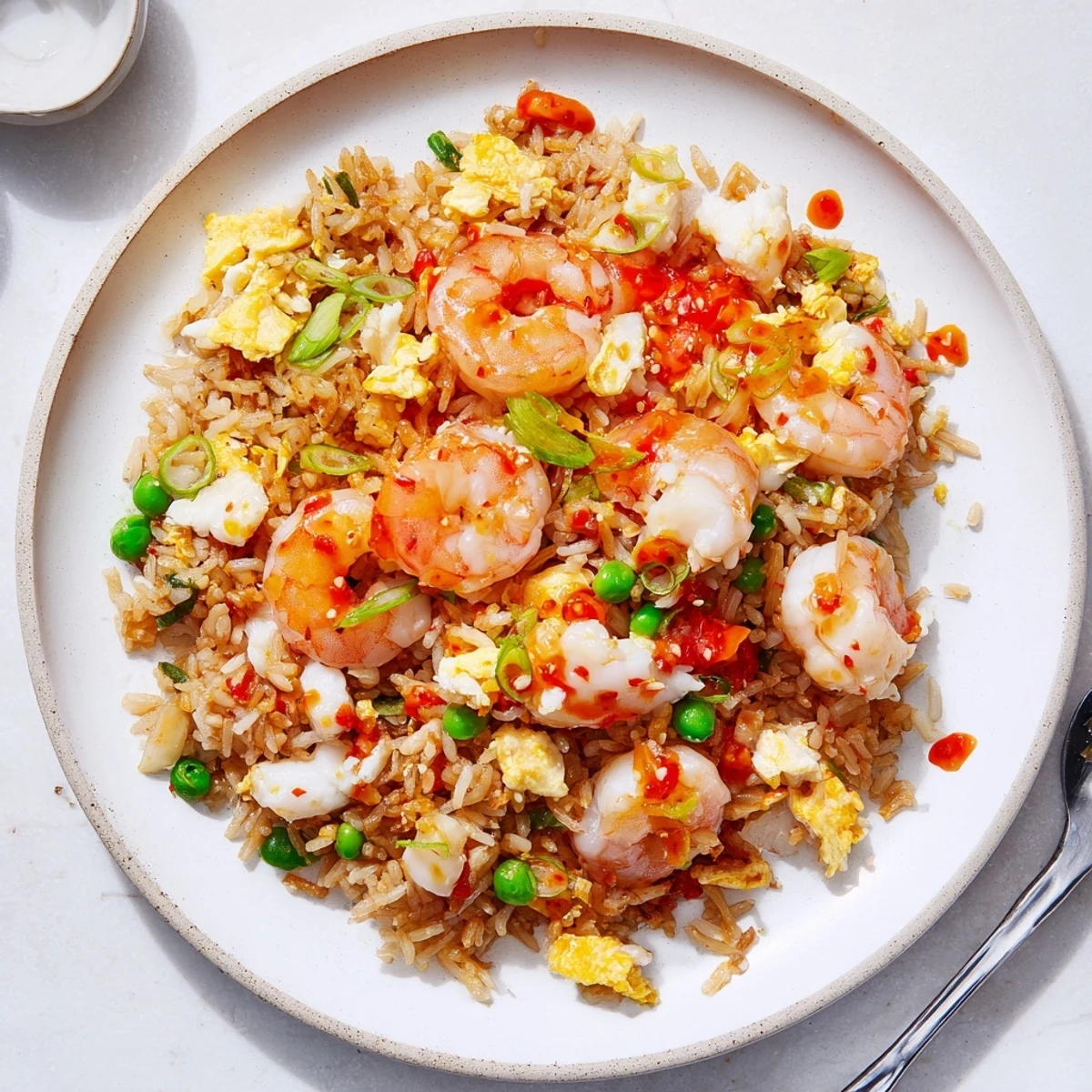 Golden fried rice with pink shrimp and crab drizzled with red garlic chili oil in a white bowl