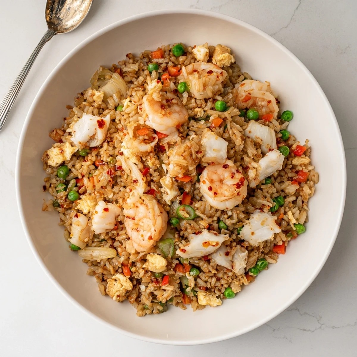 Close-up of seafood fried rice featuring tender crab chunks and shrimp coated in spicy garlic chili oil