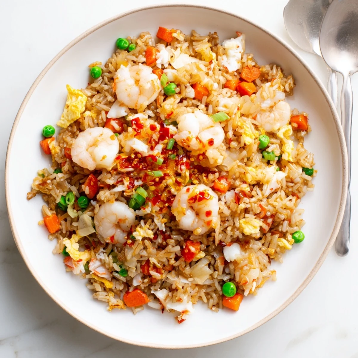 Vibrant spicy crab and shrimp fried rice topped with scallions and glistening homemade chili oil