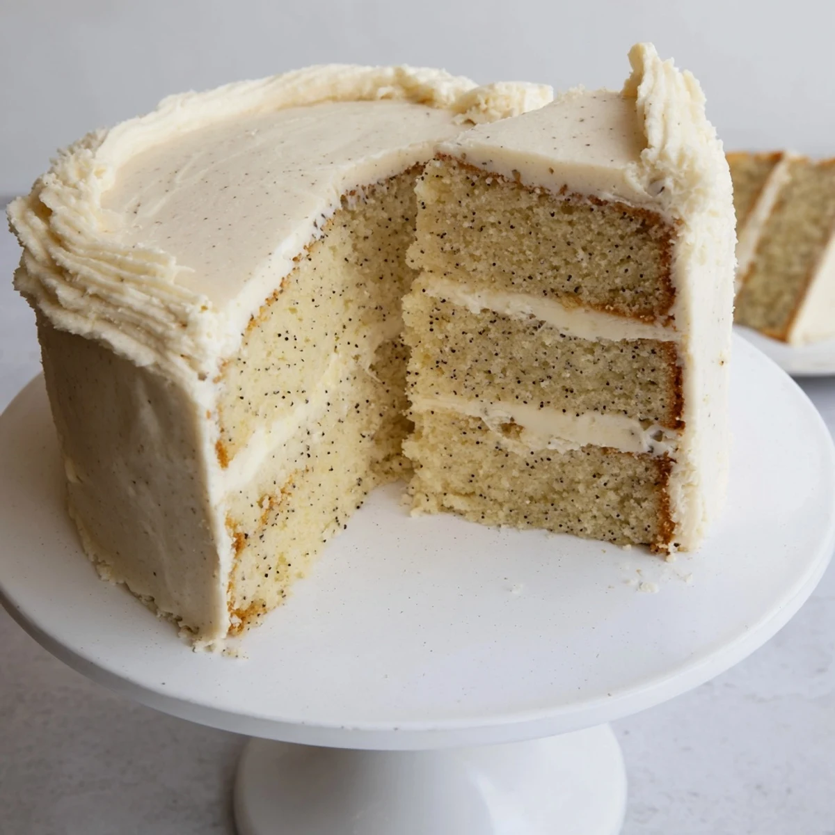 Three-layer vanilla bean birthday cake with creamy buttercream frosting and colorful sprinkle decoration on white serving plate