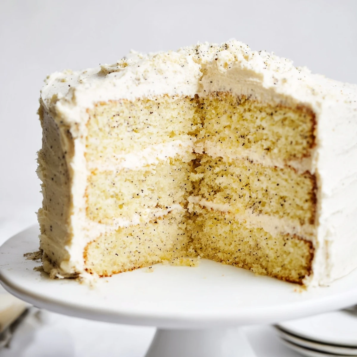 Slice of homemade vanilla bean birthday cake revealing moist tender crumb topped with fluffy white buttercream frosting