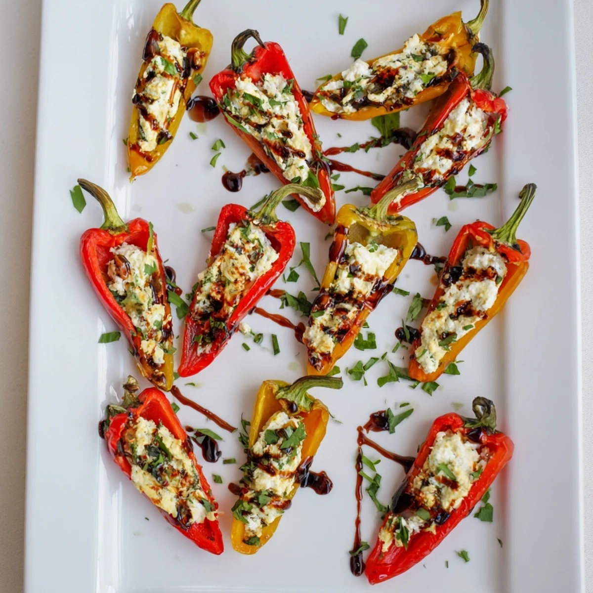 Golden mini peppers filled with creamy herbed goat cheese after roasting, drizzled with balsamic glaze