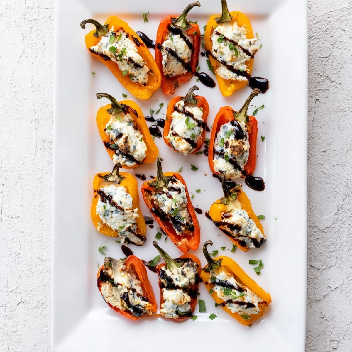 Bite-sized Mediterranean appetizer featuring sweet roasted peppers generously stuffed with savory goat cheese filling