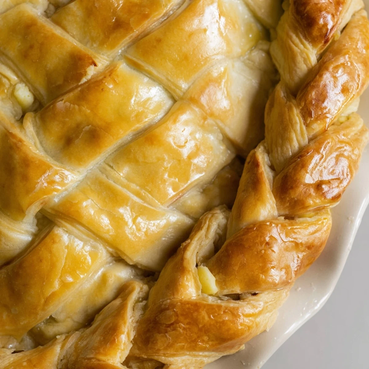Golden homemade fishtail braid pie crust with intricate woven edges on a ceramic pie plate