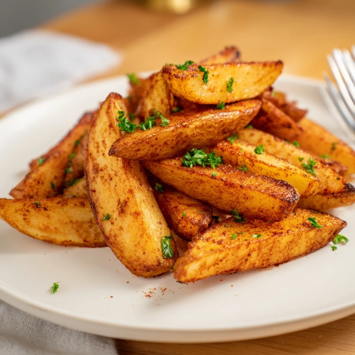 Golden air fryer potato wedges seasoned with paprika and garlic on a white plate