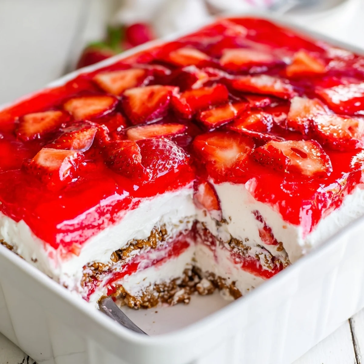 Sliced rectangular piece of Strawberry Crackle Salad revealing the triple layers of salty pretzel crust, smooth cream cheese filling, and glossy strawberry gelatin topping studded with fresh fruit.