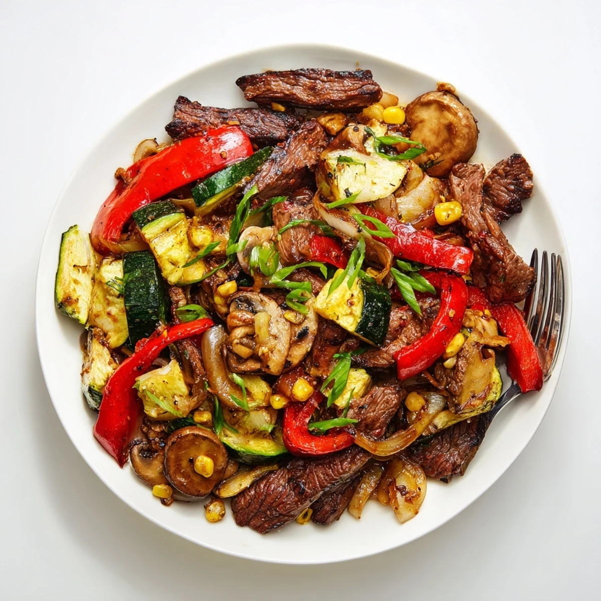Sizzling Blackstone Cowboy Stir Fry with charred beef peppers onions and zucchini on a griddle