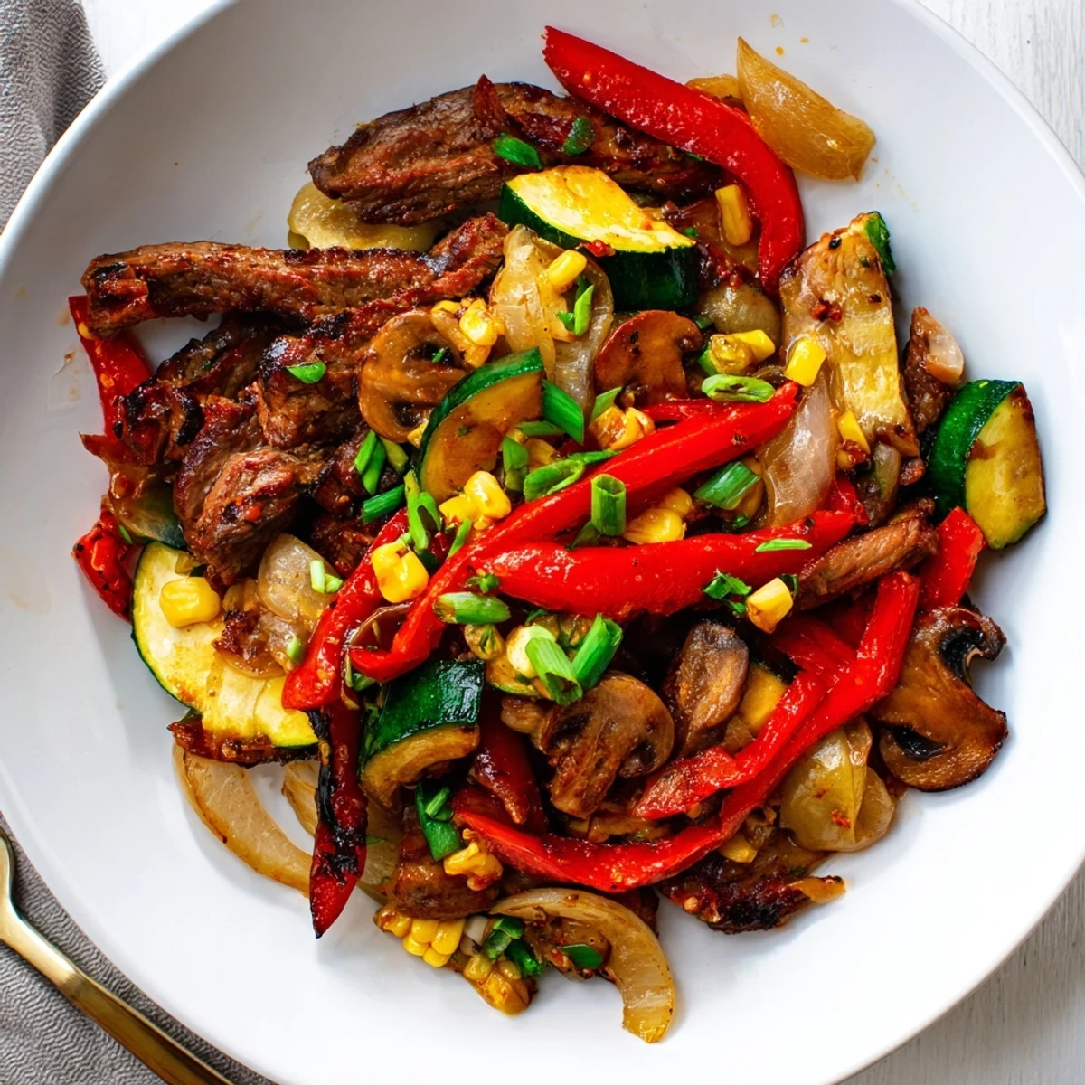 Hearty Blackstone Cowboy Stir Fry topped with fresh green onions featuring tender steak and colorful vegetables