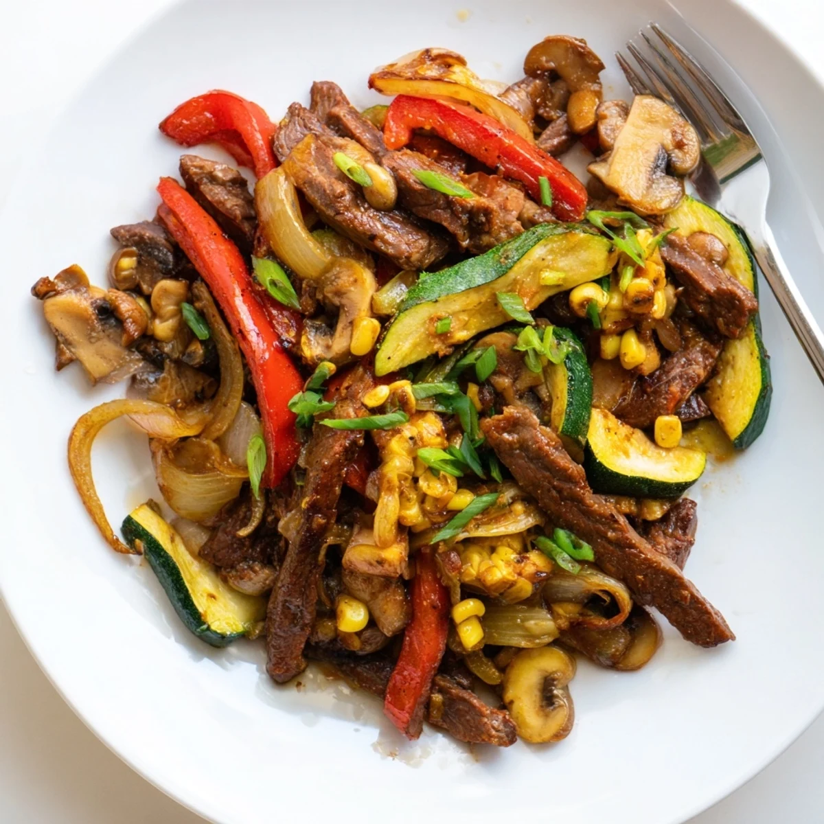 Rustic Blackstone Cowboy Stir Fry plated with smoky caramelized meat crisp vegetables and glossy sauce