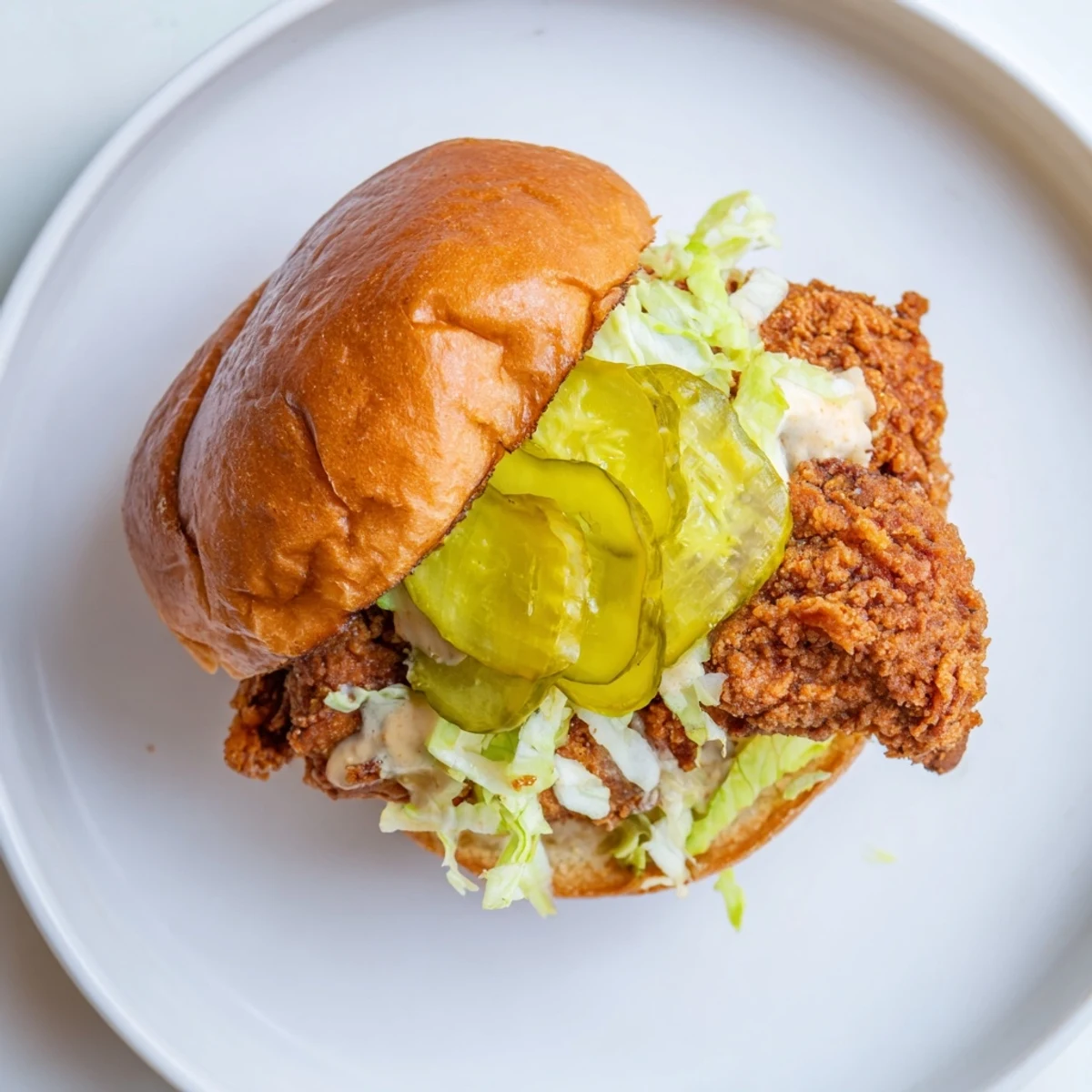 Golden pickle brined fried chicken sandwich with crispy coating on toasted brioche bun