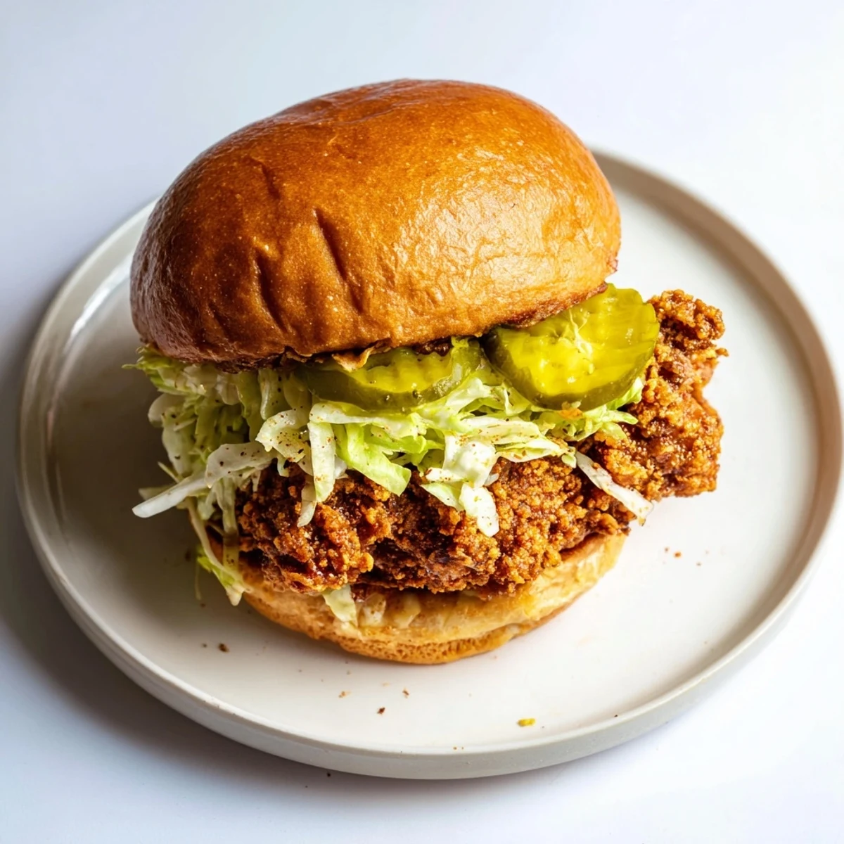 Crispy fried chicken sandwich piled high with dill pickles and creamy mustard sauce