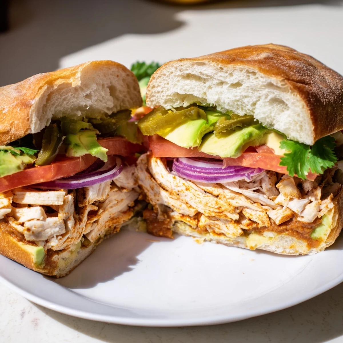 Mexican-style chicken torta sandwich featuring spiced grilled chicken, fresh tomato, and pickled peppers on toasted bread