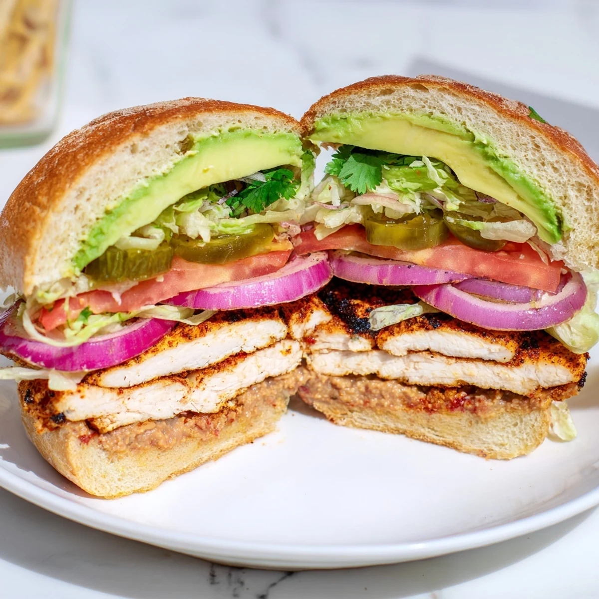 Hearty chicken torta sandwich stacked with marinated chicken, creamy avocado, and zesty jalapeños on soft bolillo roll