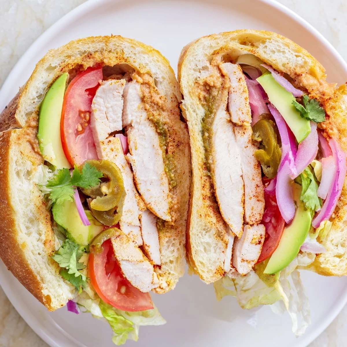 Loaded chicken torta sandwich with sliced avocado, red onion, and refried beans on a fluffy white roll