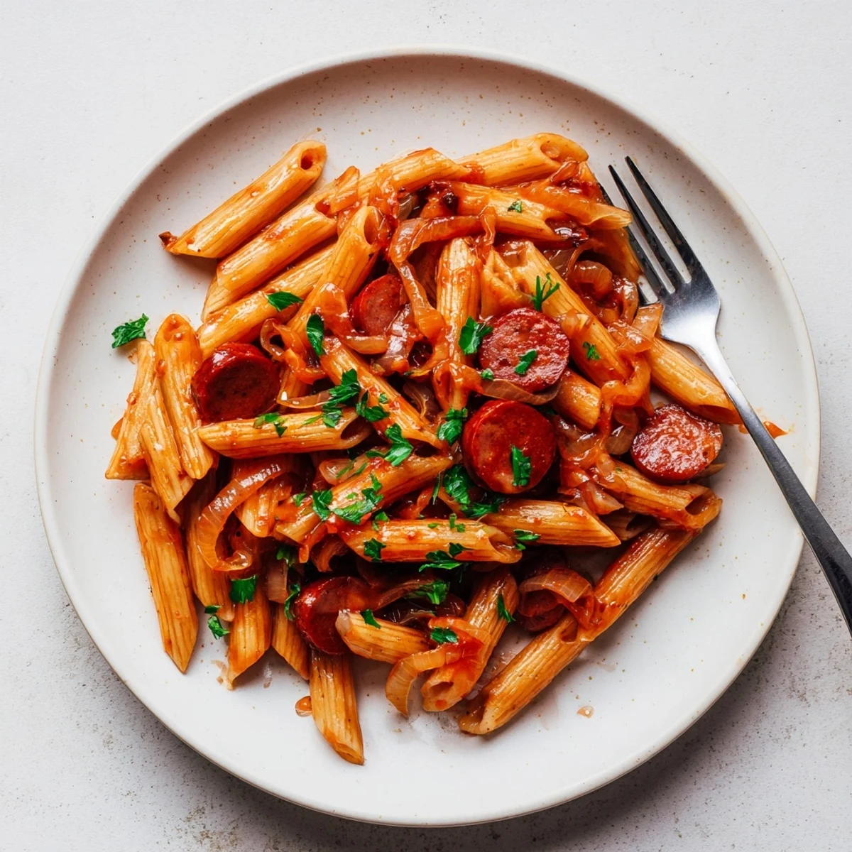 Savory skillet of sausage pasta coated in rich sticky honey garlic sauce with parsley
