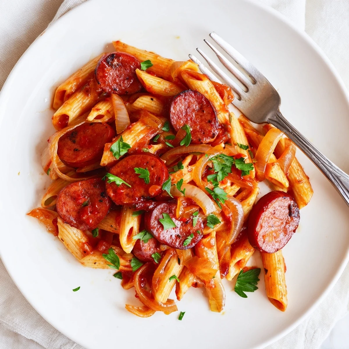 One-pan honey garlic sausage pasta with caramelized meat and tender coated noodles