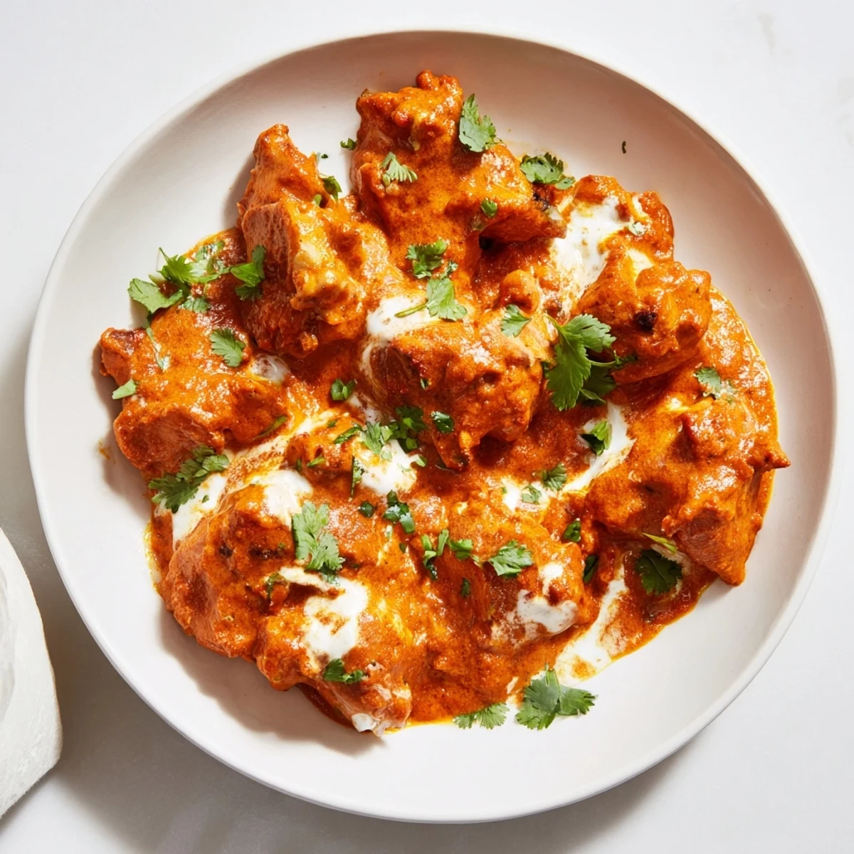 Golden brown chicken thighs in a velvety orange curry sauce with naan bread on the side