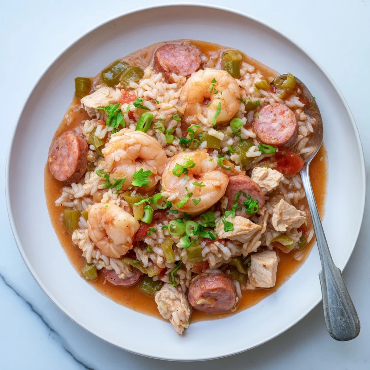 Hearty Crock Pot Jambalaya featuring tender chicken, andouille sausage, and pink shrimp in a rich, spicy Creole rice bowl