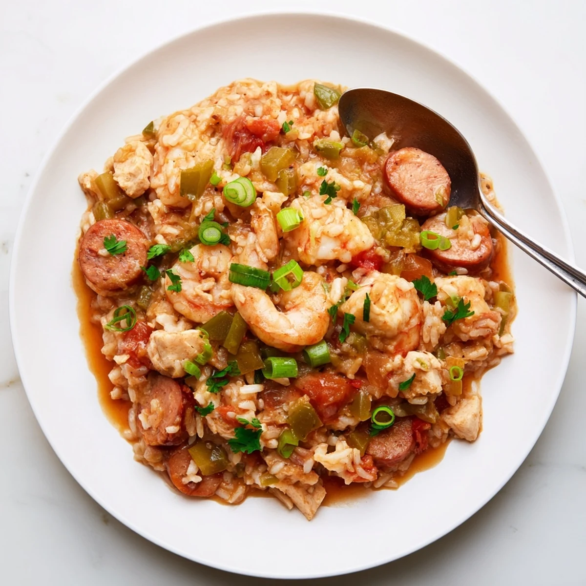 Slow cooker jambalaya packed with smoky sausage, juicy shrimp, and fluffy rice in a vibrant red, savory broth