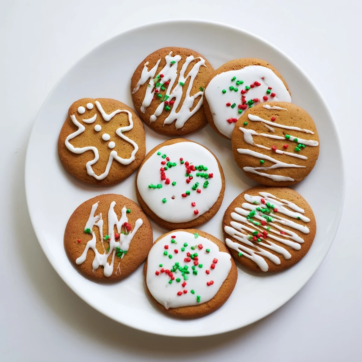 Golden brown gingerbread cookies decorated with colorful icing and festive sprinkles on a white plate.