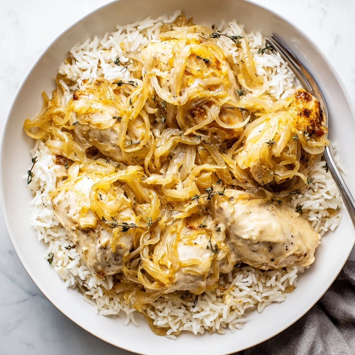Golden brown chicken breasts nestled in creamy French onion chicken rice with melted Gruyère cheese and caramelized onions