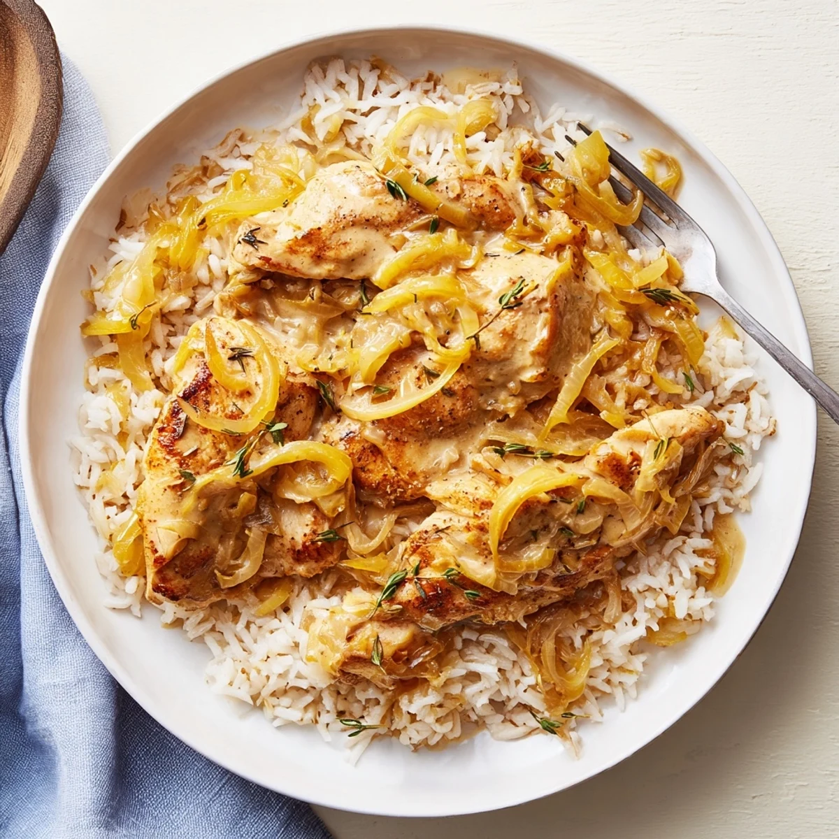 Creamy French onion chicken rice served in a white bowl featuring tender chicken pieces and rich golden sauce