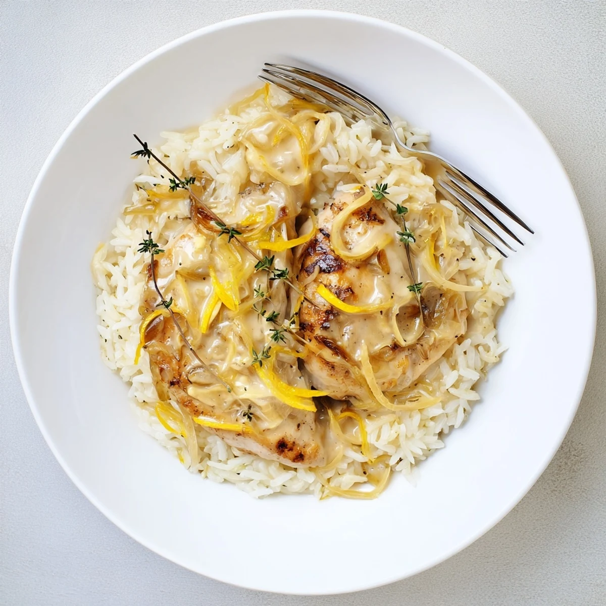 Skillet of French onion chicken rice bubbling with shredded cheese, tender chicken, and perfectly cooked white rice
