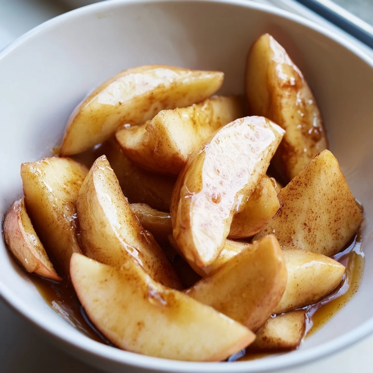 Golden Instant Pot cinnamon apples in a bowl with glistening brown sugar syrup and tender apple slices