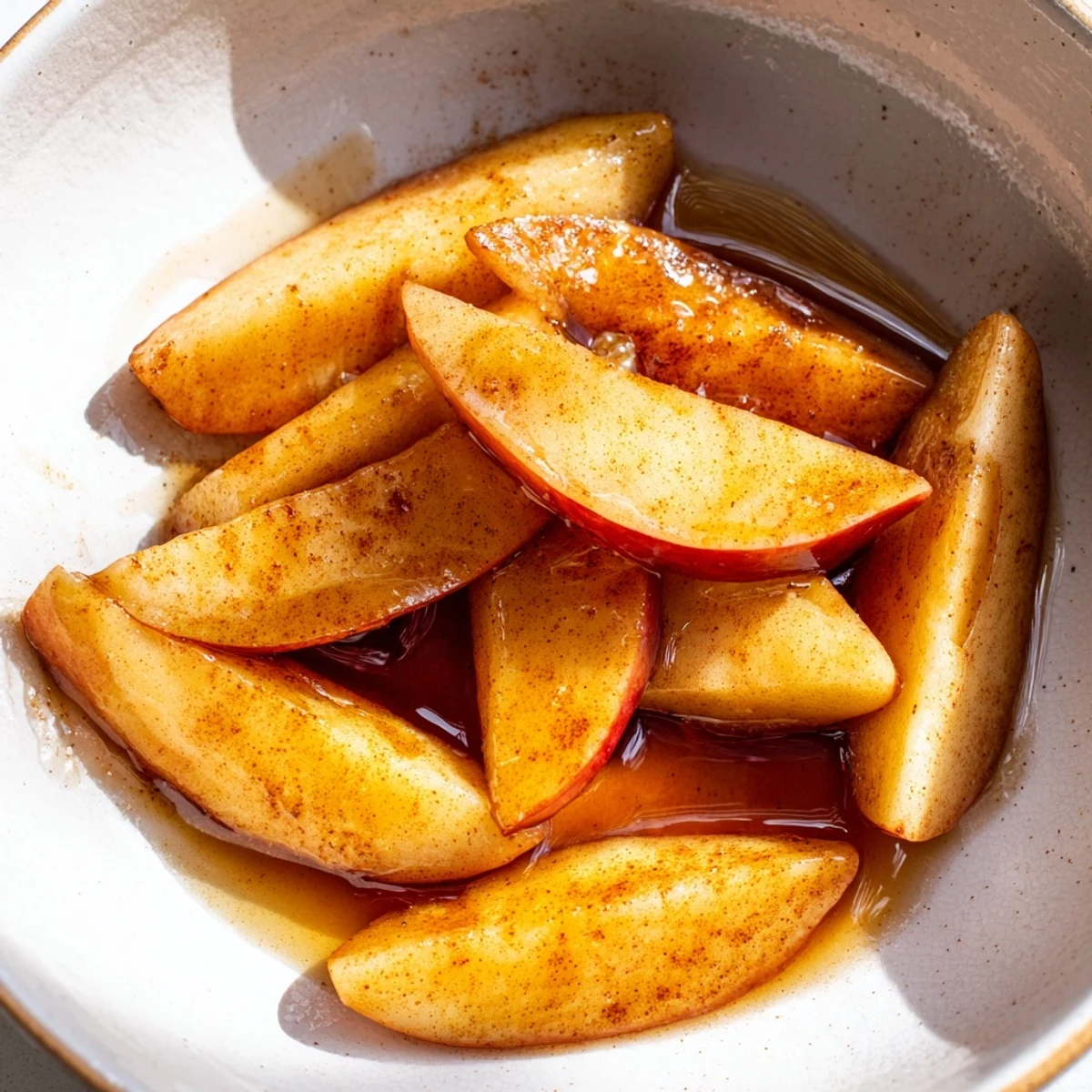 Cinnamon-coated apple slices in a rich amber glaze, perfect topping for oatmeal or ice cream