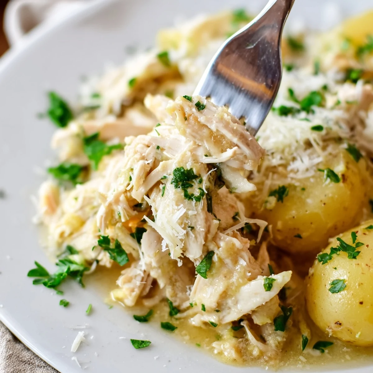 Golden slow cooker garlic parmesan chicken nestled beside tender baby potatoes with melted cheese topping