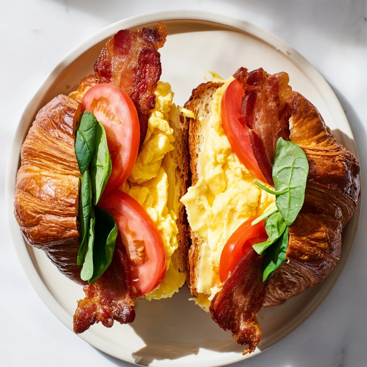 Golden flaky croissant breakfast sandwich layered with scrambled eggs, crispy bacon, and melted cheddar cheese